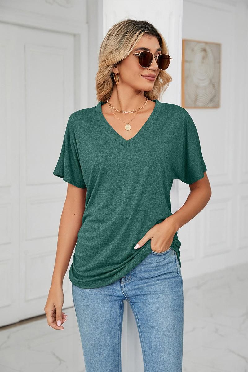 SOLID V NECK SHORT SLEEVE LOOSE TEES - Doublju