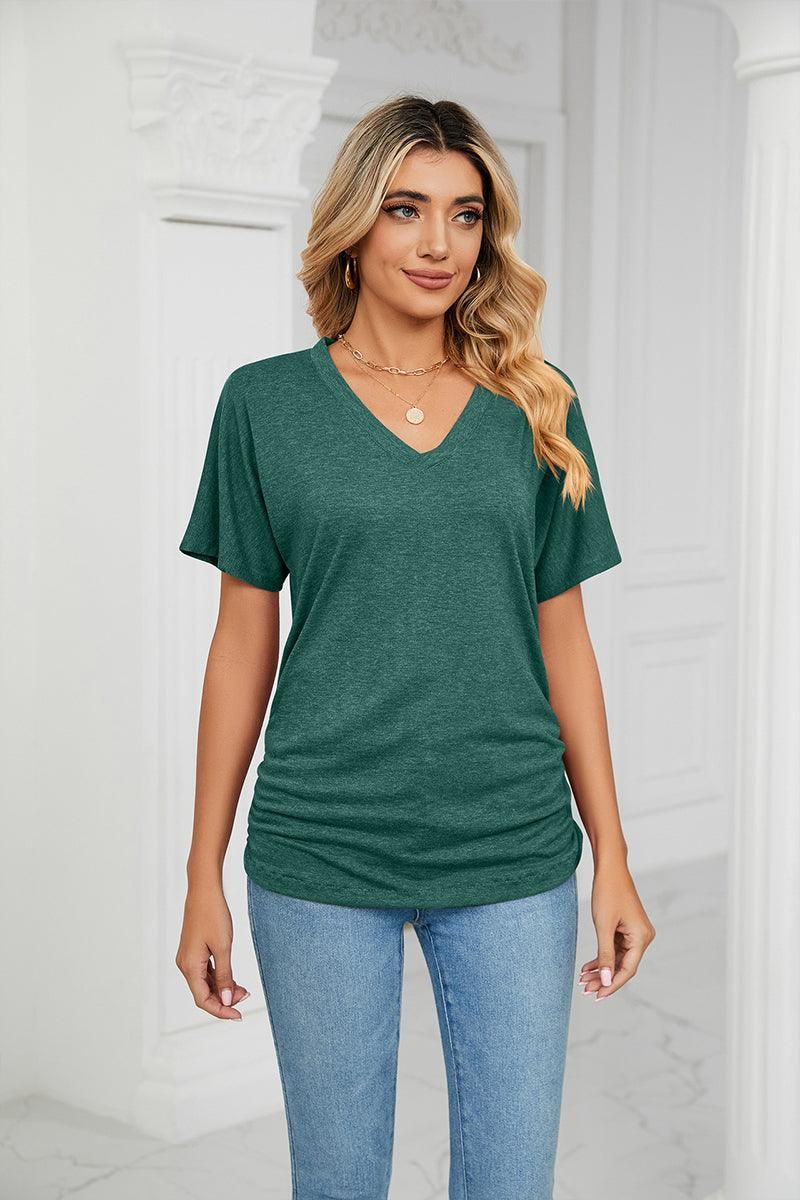 SOLID V NECK SHORT SLEEVE LOOSE TEES - Doublju
