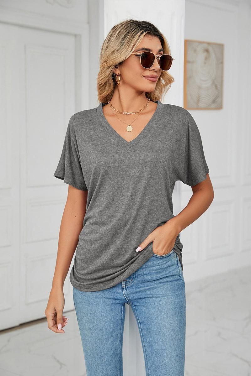SOLID V NECK SHORT SLEEVE LOOSE TEES - Doublju
