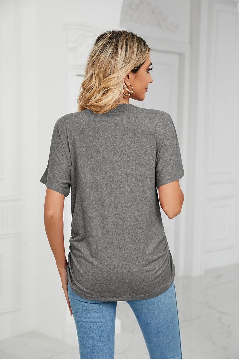 SOLID V NECK SHORT SLEEVE LOOSE TEES - Doublju