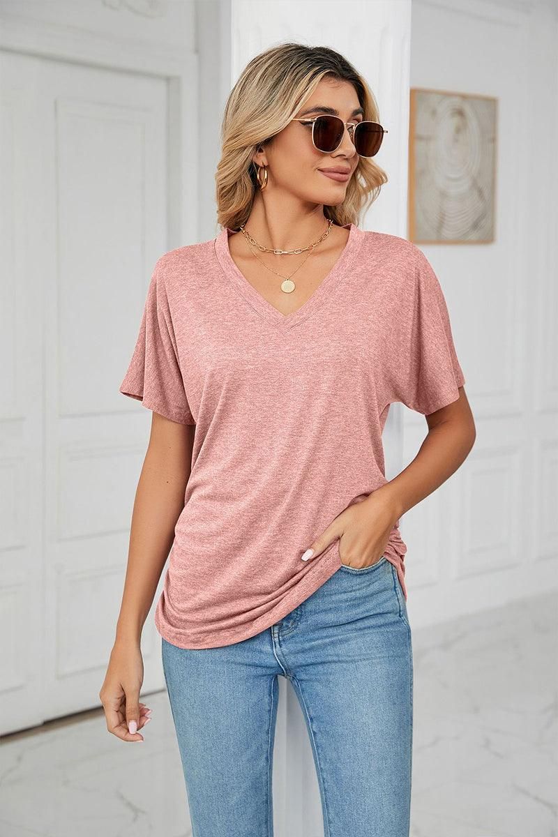 SOLID V NECK SHORT SLEEVE LOOSE TEES - Doublju