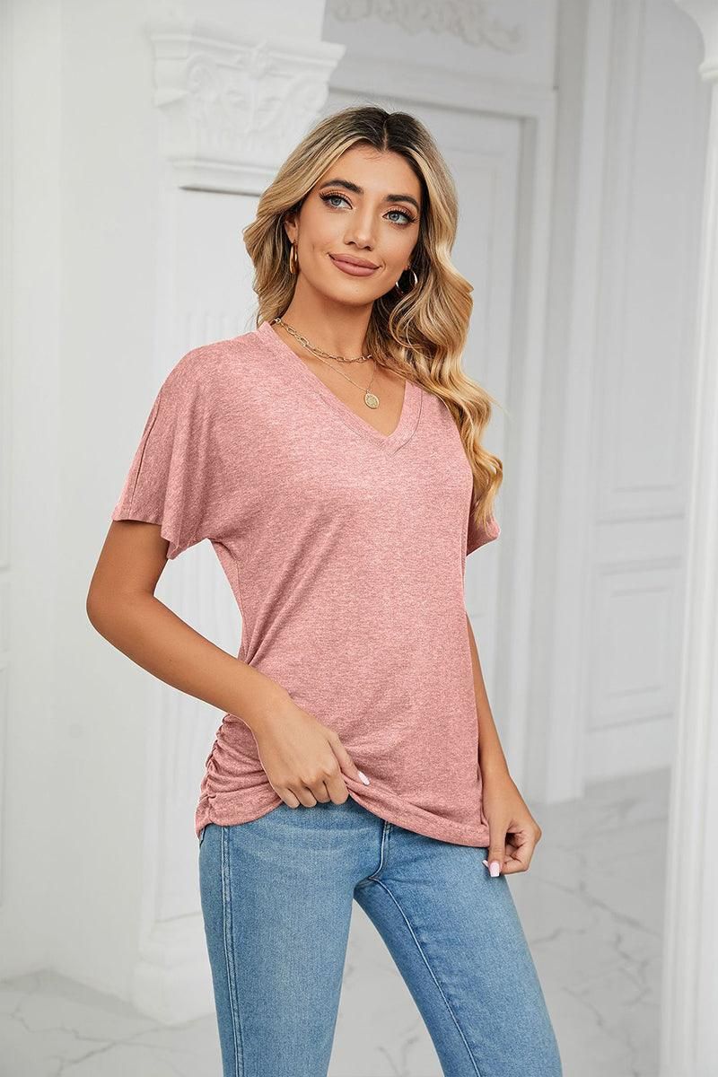 SOLID V NECK SHORT SLEEVE LOOSE TEES - Doublju