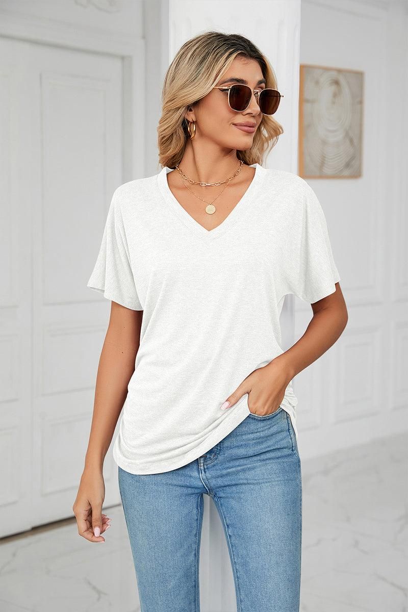 SOLID V NECK SHORT SLEEVE LOOSE TEES - Doublju