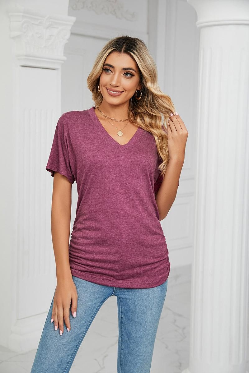 SOLID V NECK SHORT SLEEVE LOOSE TEES - Doublju