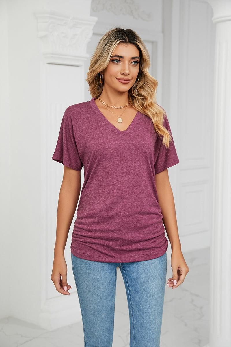 SOLID V NECK SHORT SLEEVE LOOSE TEES - Doublju