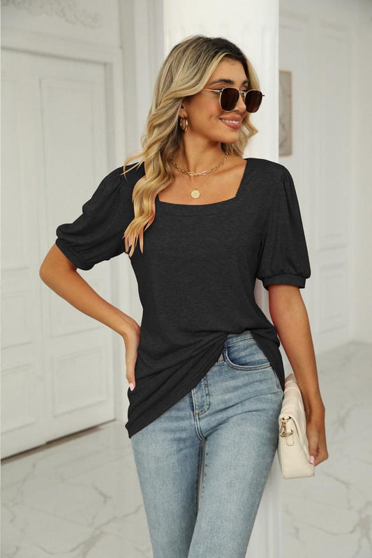 SQUARED NECKLINES RUFFLED LOOSE TEES - Doublju