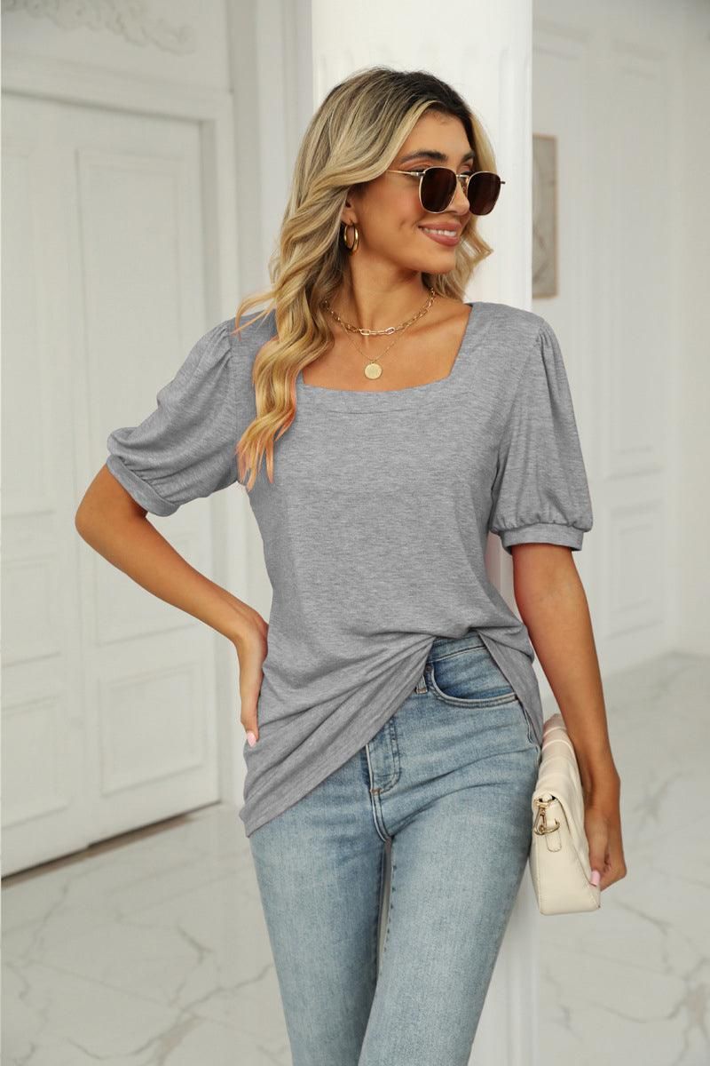 SQUARED NECKLINES RUFFLED LOOSE TEES - Doublju