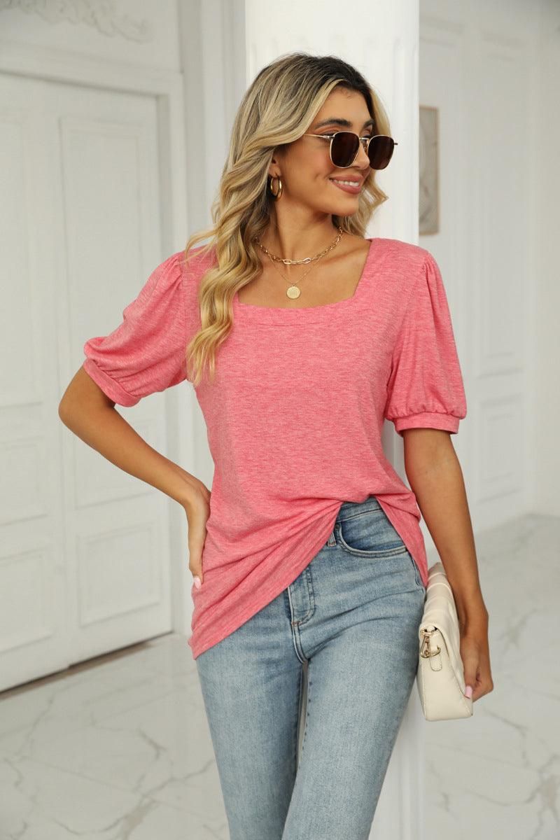 SQUARED NECKLINES RUFFLED LOOSE TEES - Doublju