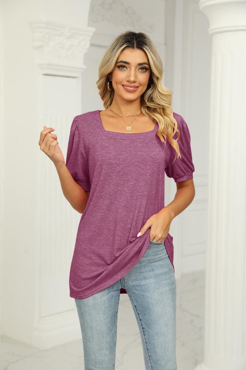 SQUARED NECKLINES RUFFLED LOOSE TEES - Doublju