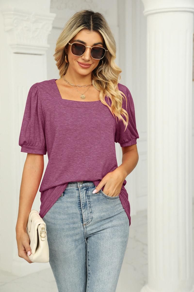 SQUARED NECKLINES RUFFLED LOOSE TEES - Doublju