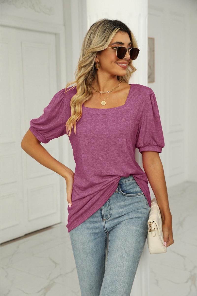 SQUARED NECKLINES RUFFLED LOOSE TEES - Doublju