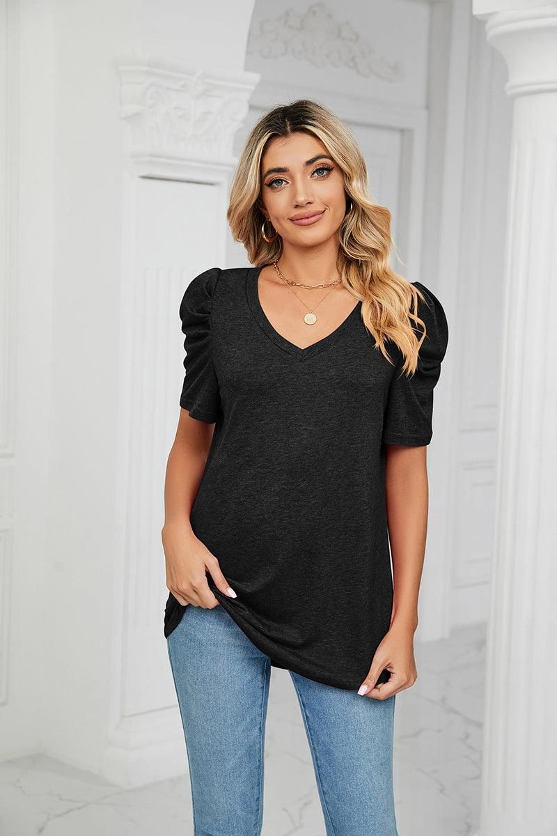 PUFFED SLEEVE SOLID CASUAL TOP - Doublju