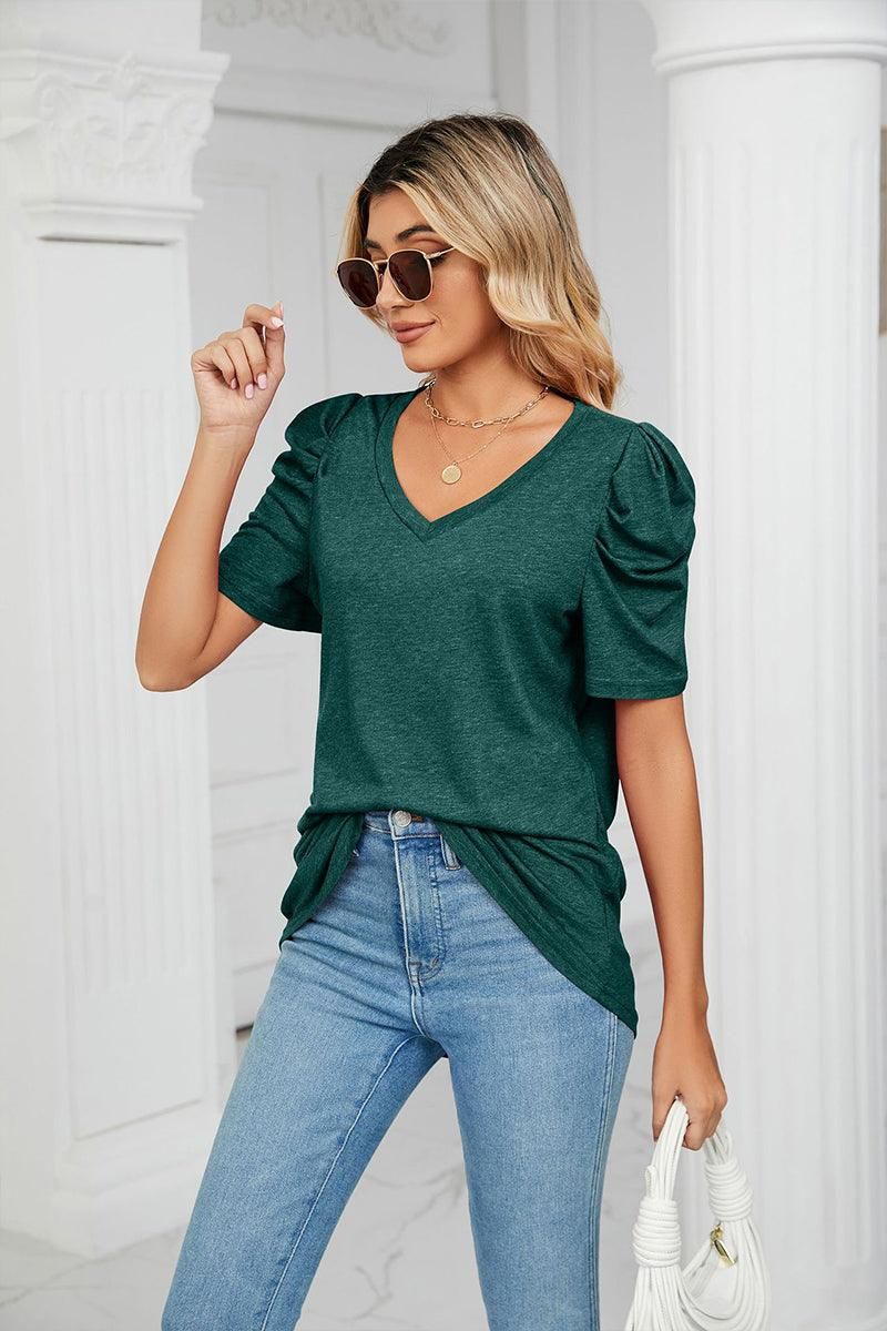 PUFFED SLEEVE SOLID CASUAL TOP - Doublju