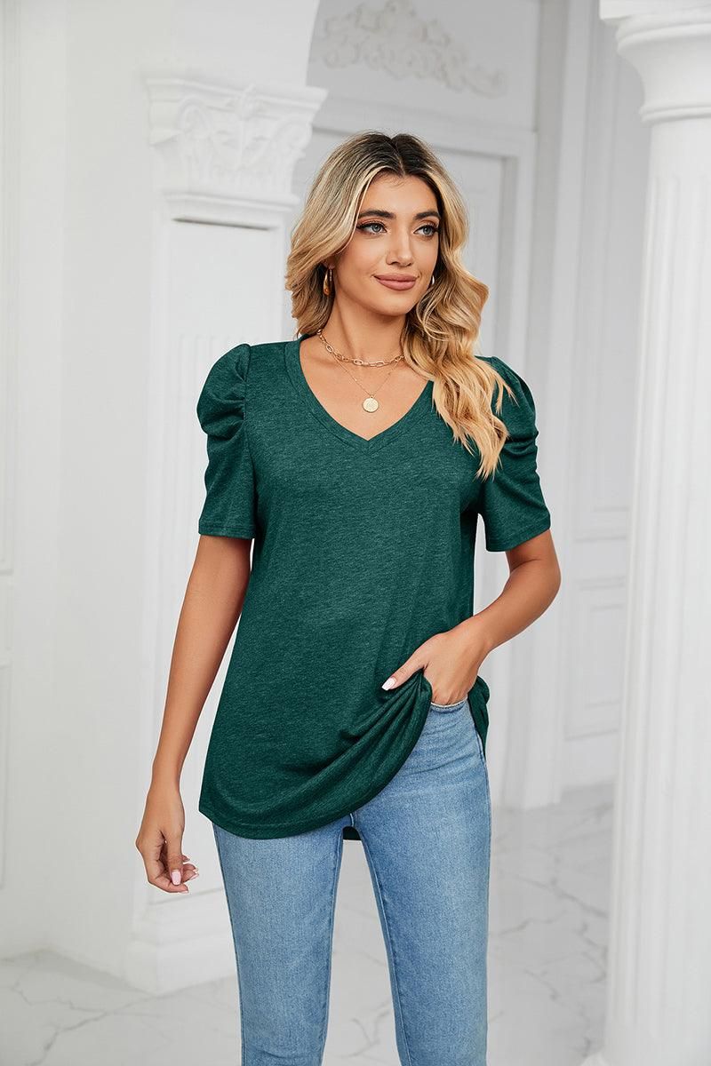 PUFFED SLEEVE SOLID CASUAL TOP - Doublju