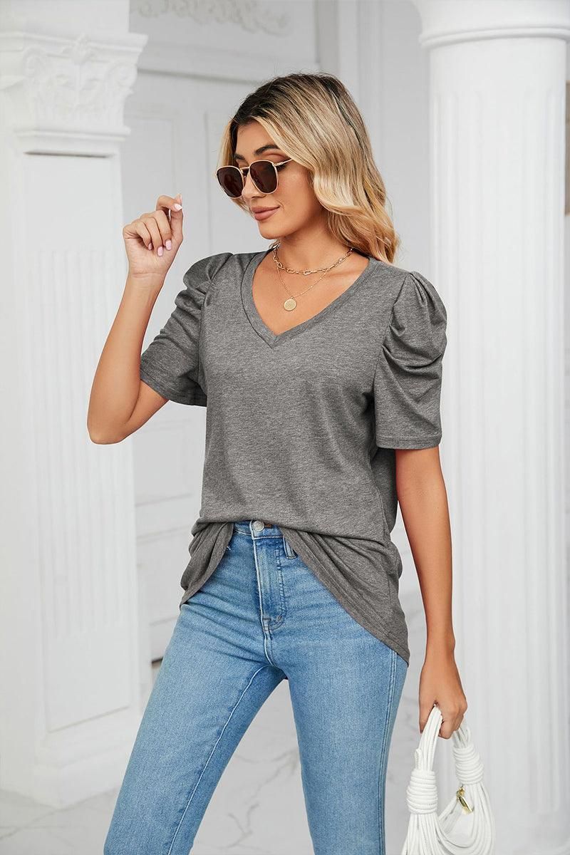 PUFFED SLEEVE SOLID CASUAL TOP - Doublju