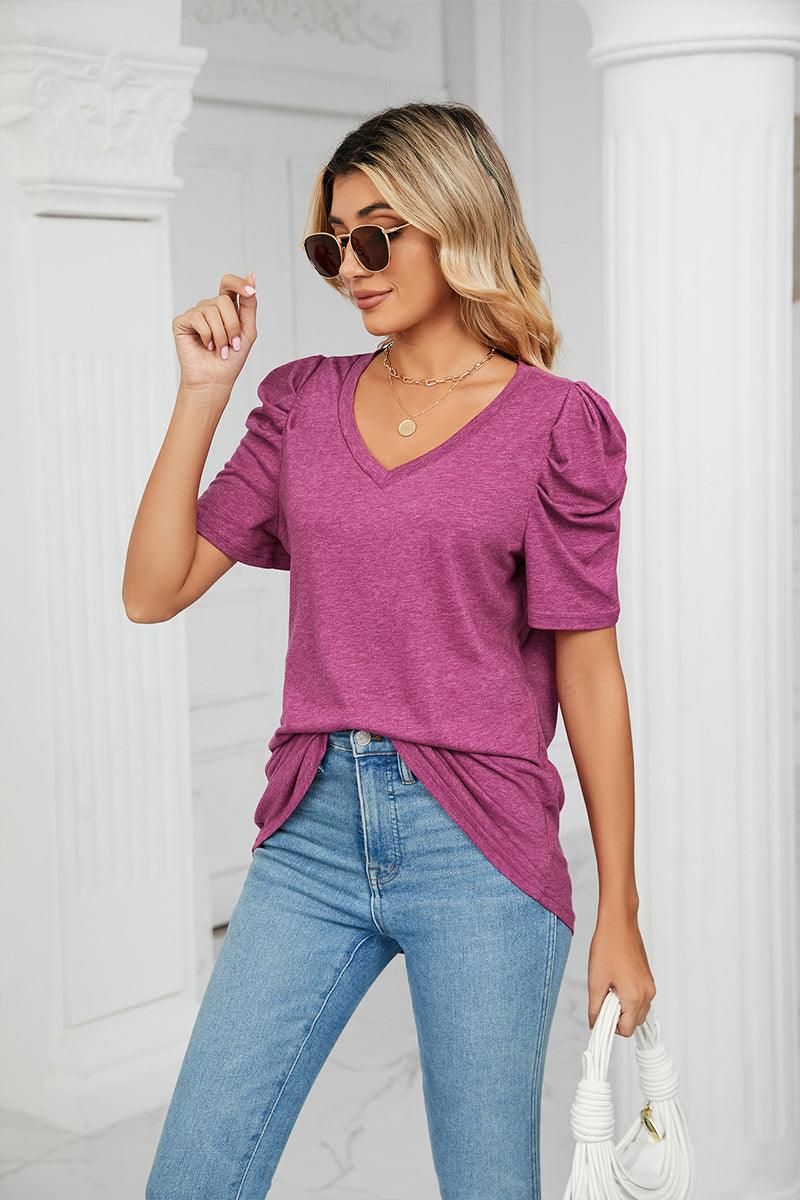PUFFED SLEEVE SOLID CASUAL TOP - Doublju