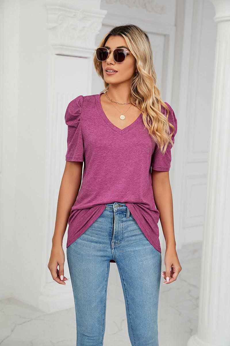 PUFFED SLEEVE SOLID CASUAL TOP - Doublju