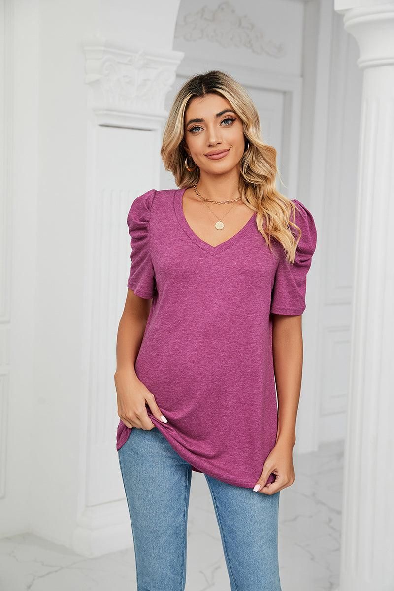 PUFFED SLEEVE SOLID CASUAL TOP - Doublju