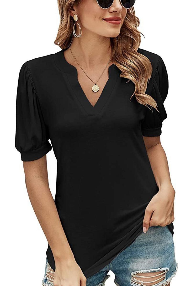 V NECK WRINKLED PUFF SLEEVE LOOSE TOP - Doublju