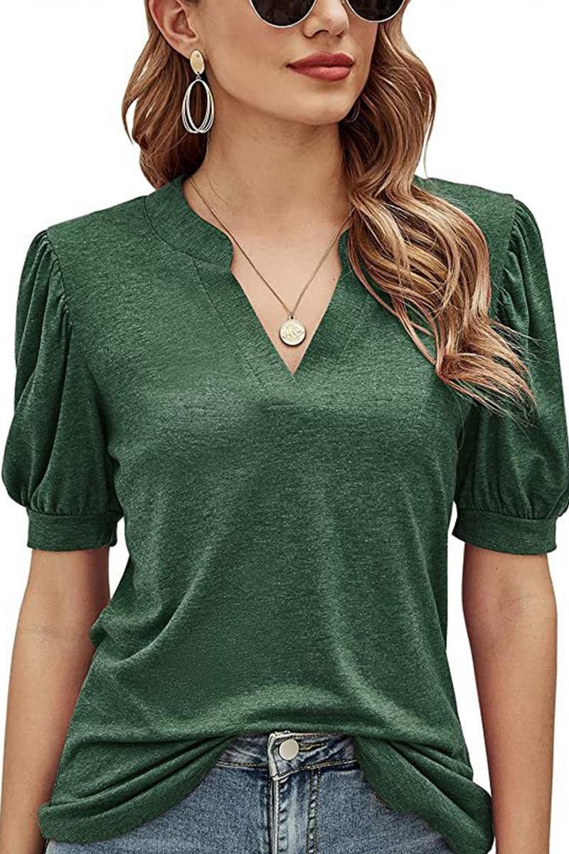 V NECK WRINKLED PUFF SLEEVE LOOSE TOP - Doublju