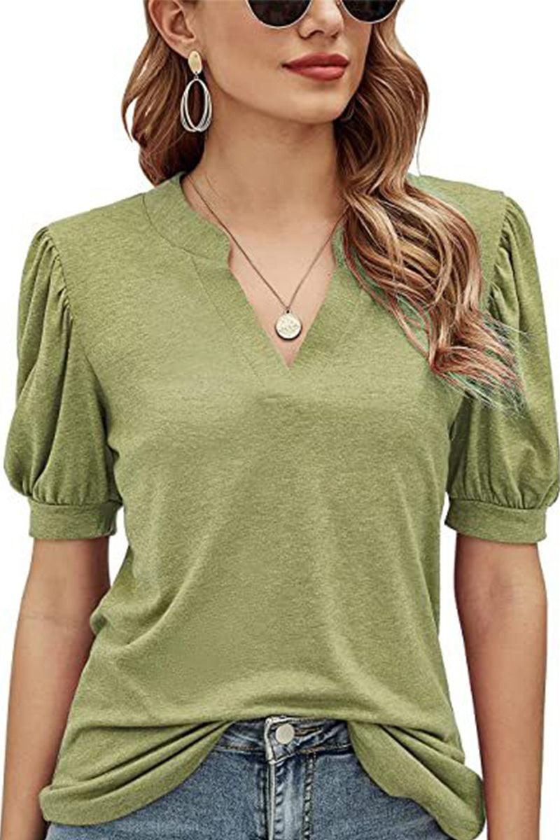 V NECK WRINKLED PUFF SLEEVE LOOSE TOP - Doublju