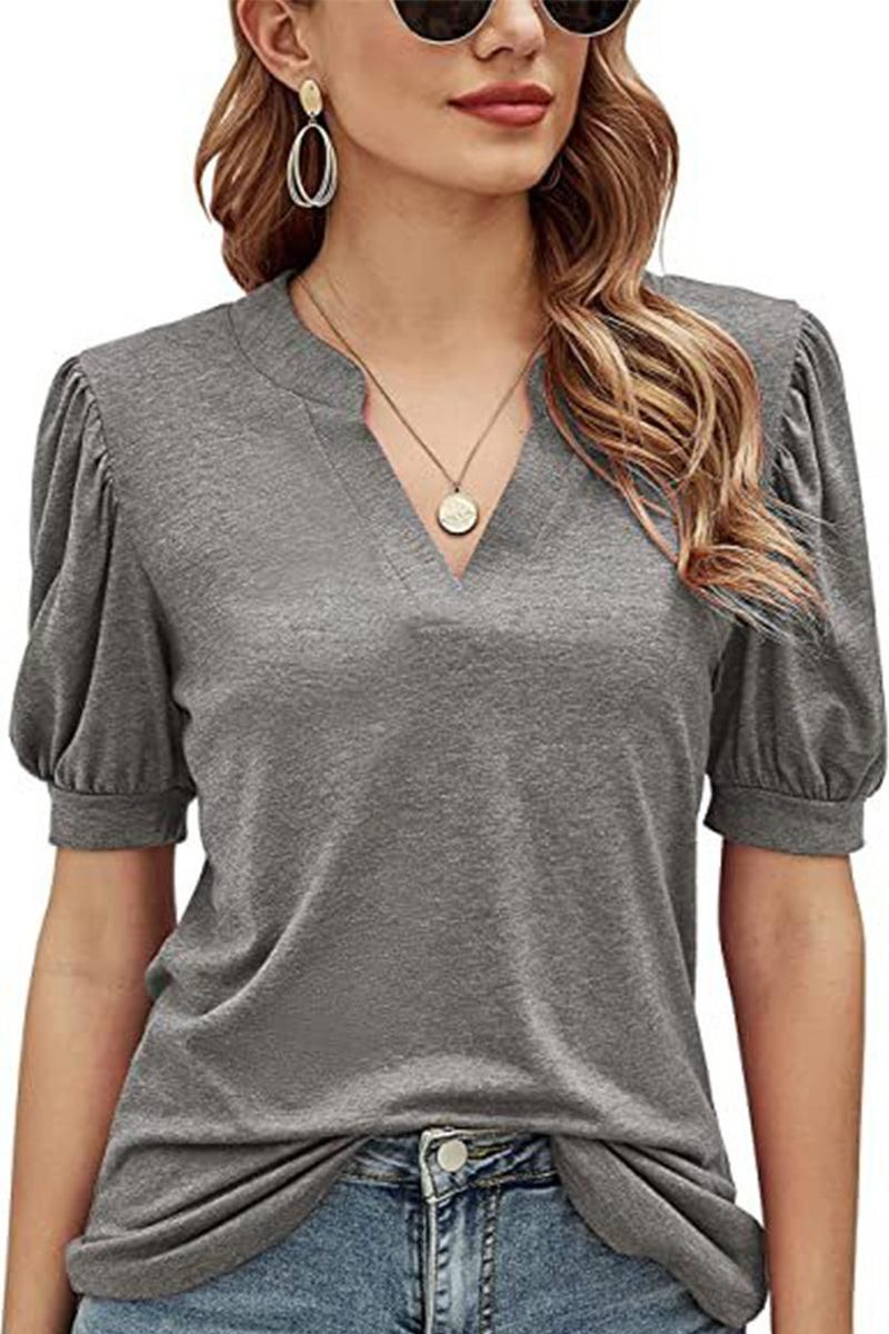 V NECK WRINKLED PUFF SLEEVE LOOSE TOP - Doublju