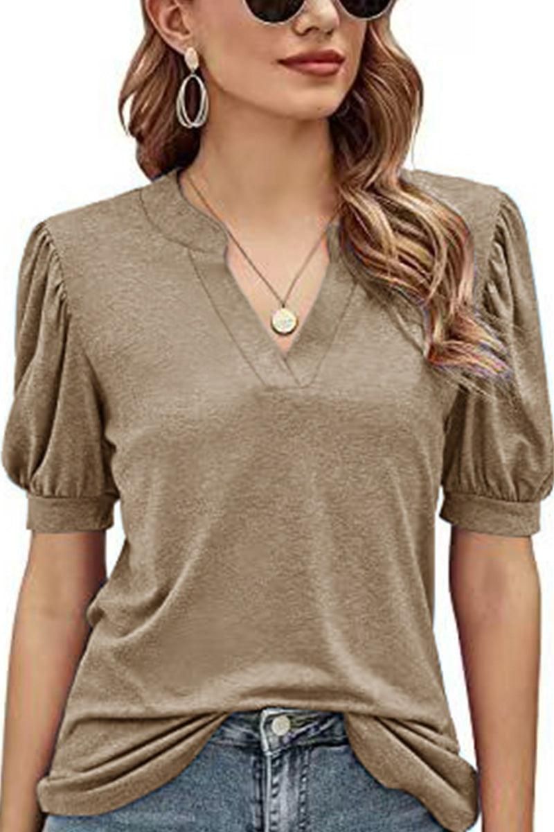 V NECK WRINKLED PUFF SLEEVE LOOSE TOP - Doublju