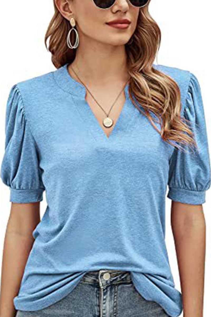 V NECK WRINKLED PUFF SLEEVE LOOSE TOP - Doublju