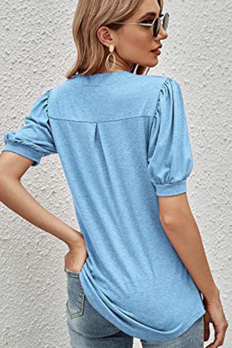 V NECK WRINKLED PUFF SLEEVE LOOSE TOP - Doublju