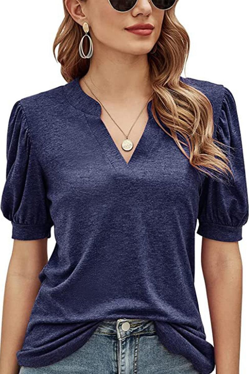 V NECK WRINKLED PUFF SLEEVE LOOSE TOP - Doublju