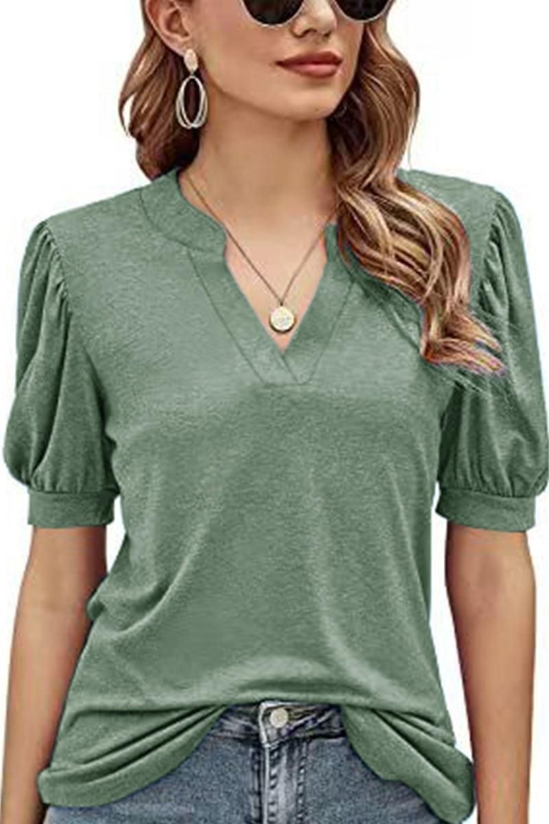 V NECK WRINKLED PUFF SLEEVE LOOSE TOP - Doublju