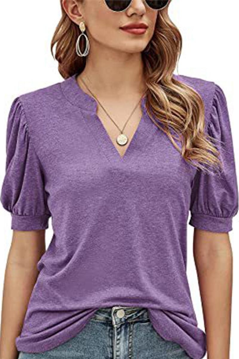 V NECK WRINKLED PUFF SLEEVE LOOSE TOP - Doublju