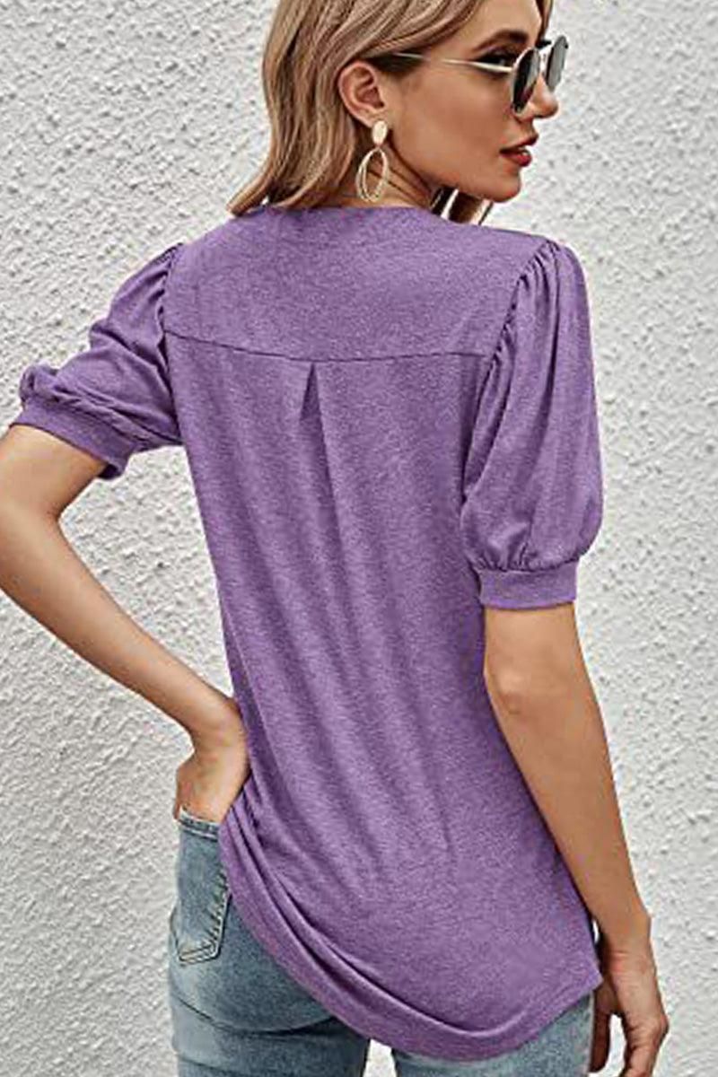 V NECK WRINKLED PUFF SLEEVE LOOSE TOP - Doublju