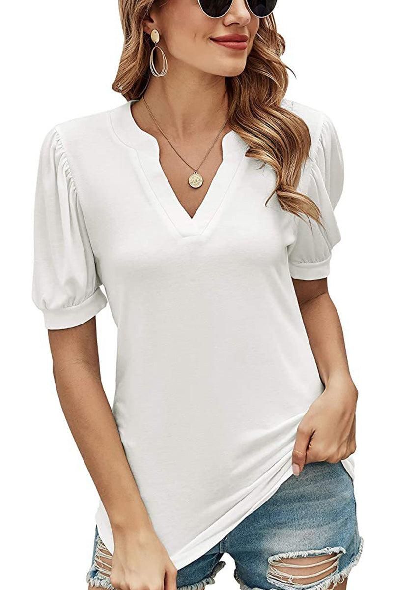 V NECK WRINKLED PUFF SLEEVE LOOSE TOP - Doublju
