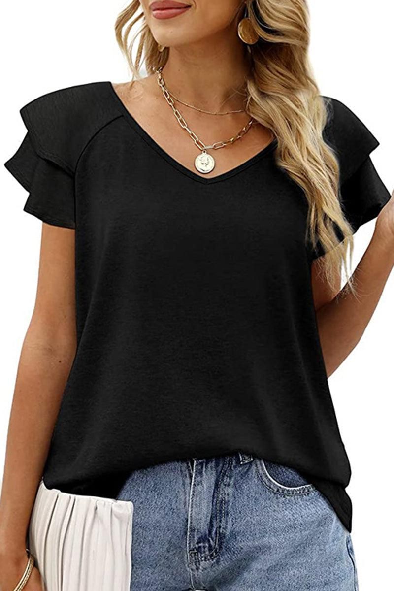 V NECK DOUBLE SLEEVE LOOSE TOP - Doublju
