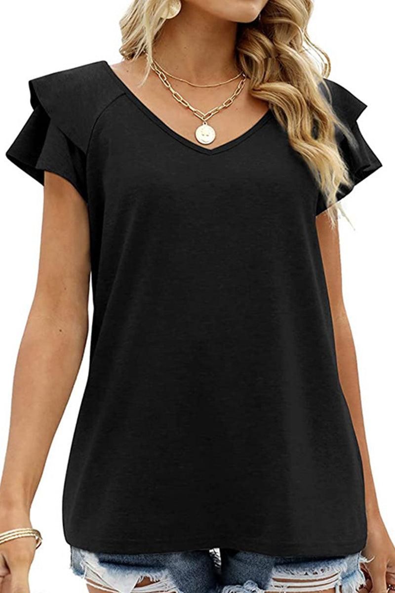 V NECK DOUBLE SLEEVE LOOSE TOP - Doublju