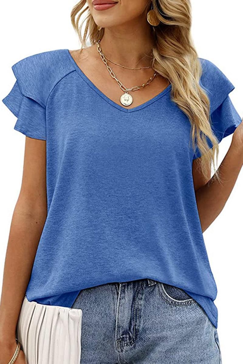 V NECK DOUBLE SLEEVE LOOSE TOP - Doublju