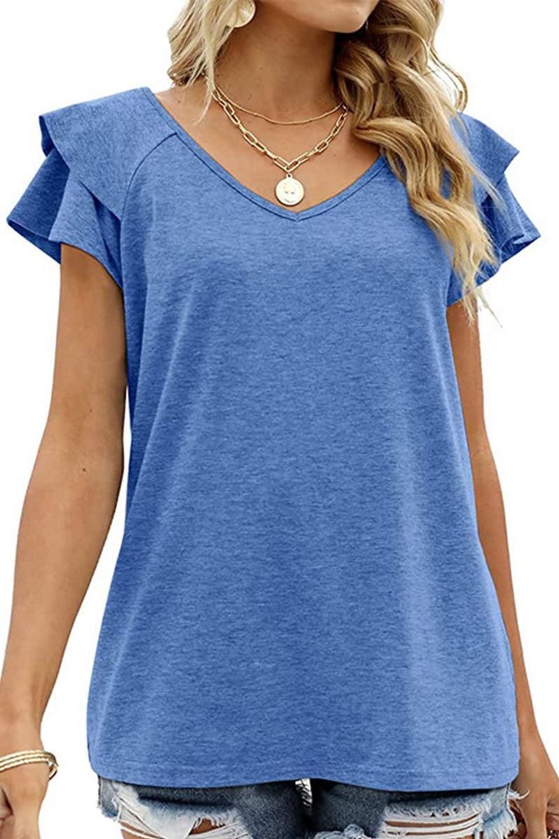 V NECK DOUBLE SLEEVE LOOSE TOP - Doublju