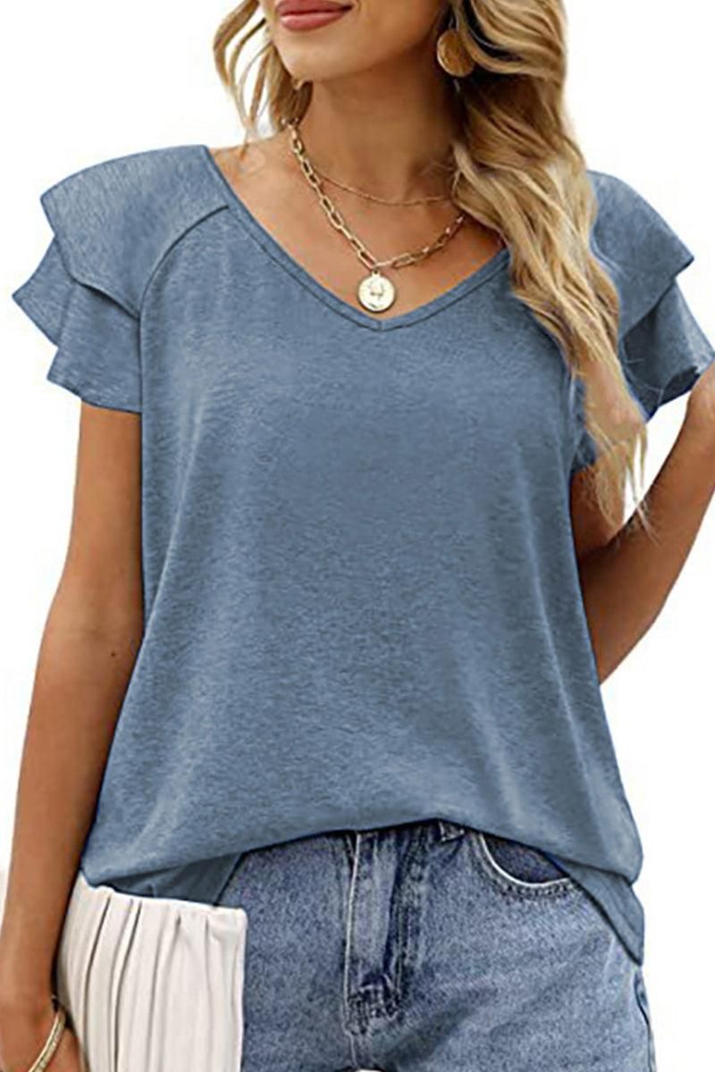 V NECK DOUBLE SLEEVE LOOSE TOP - Doublju