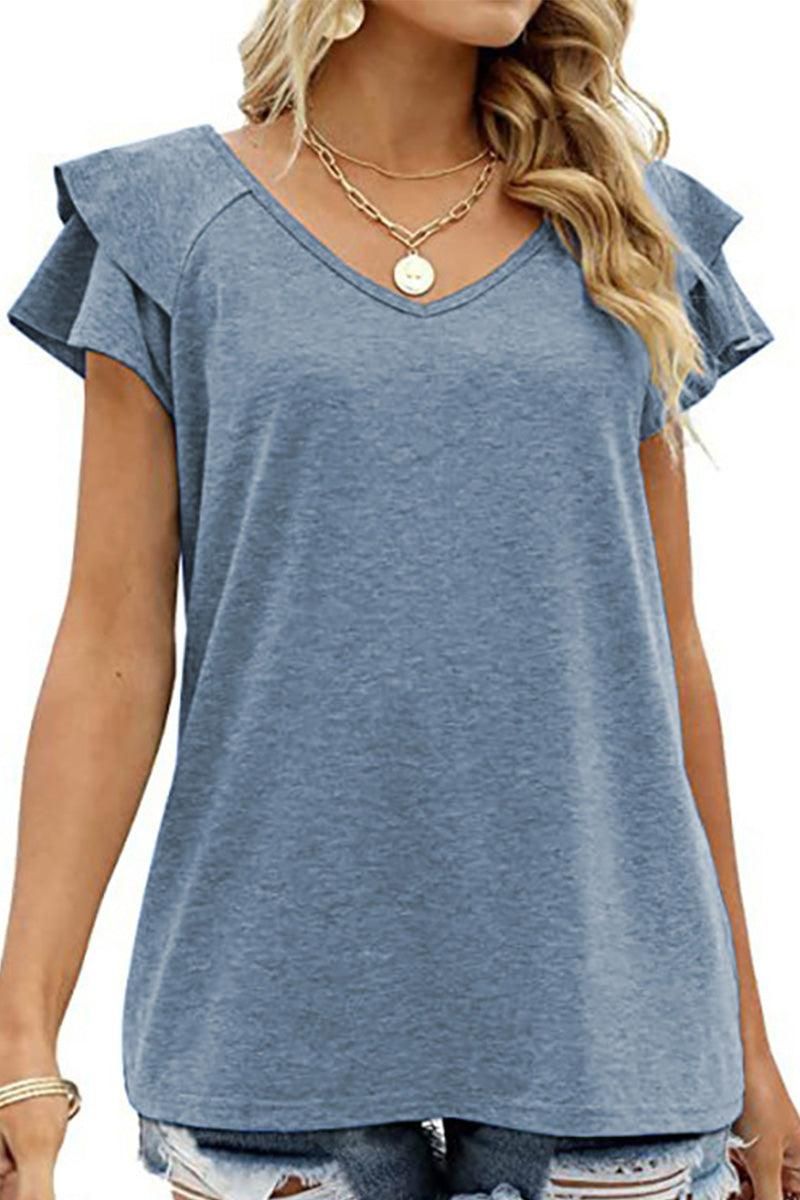 V NECK DOUBLE SLEEVE LOOSE TOP - Doublju