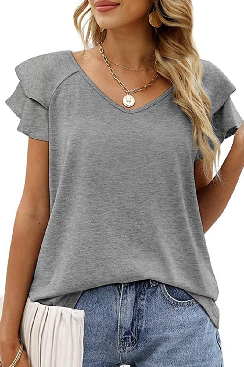 V NECK DOUBLE SLEEVE LOOSE TOP - Doublju