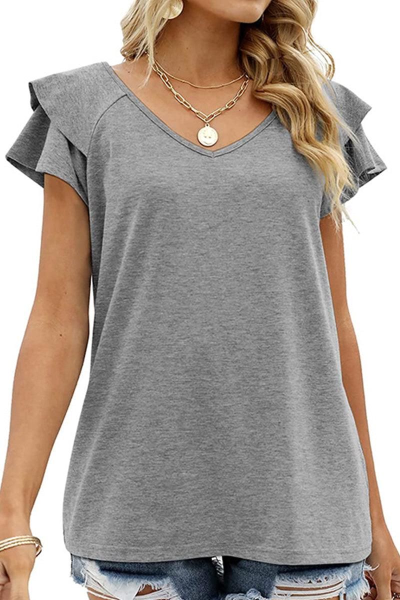 V NECK DOUBLE SLEEVE LOOSE TOP - Doublju