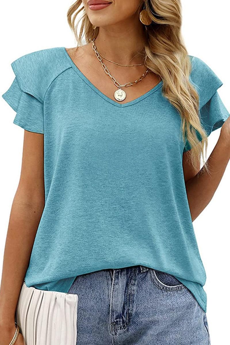 V NECK DOUBLE SLEEVE LOOSE TOP - Doublju
