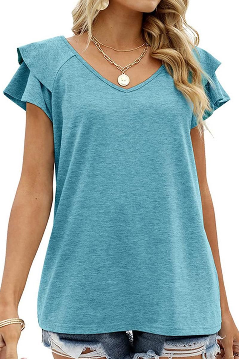 V NECK DOUBLE SLEEVE LOOSE TOP - Doublju