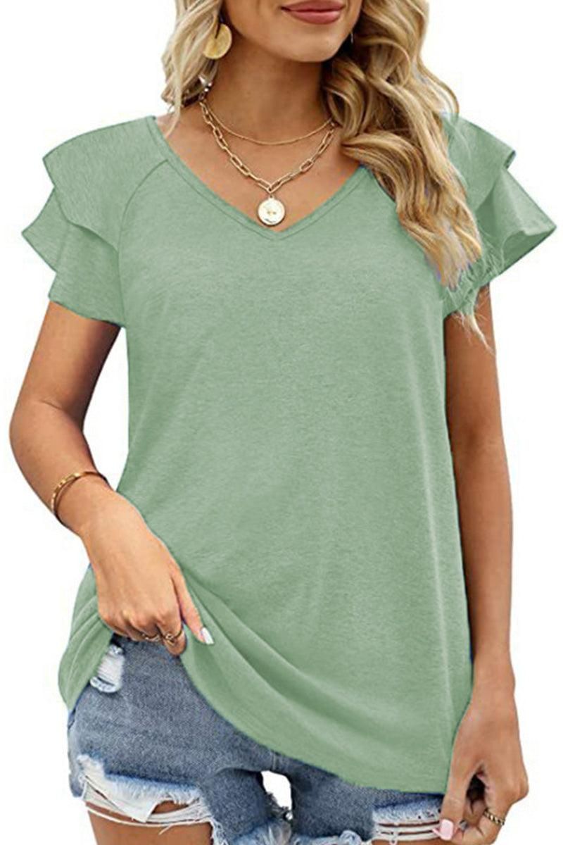 V NECK DOUBLE SLEEVE LOOSE TOP - Doublju