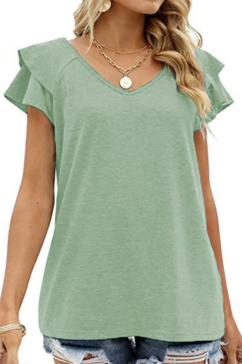 V NECK DOUBLE SLEEVE LOOSE TOP - Doublju
