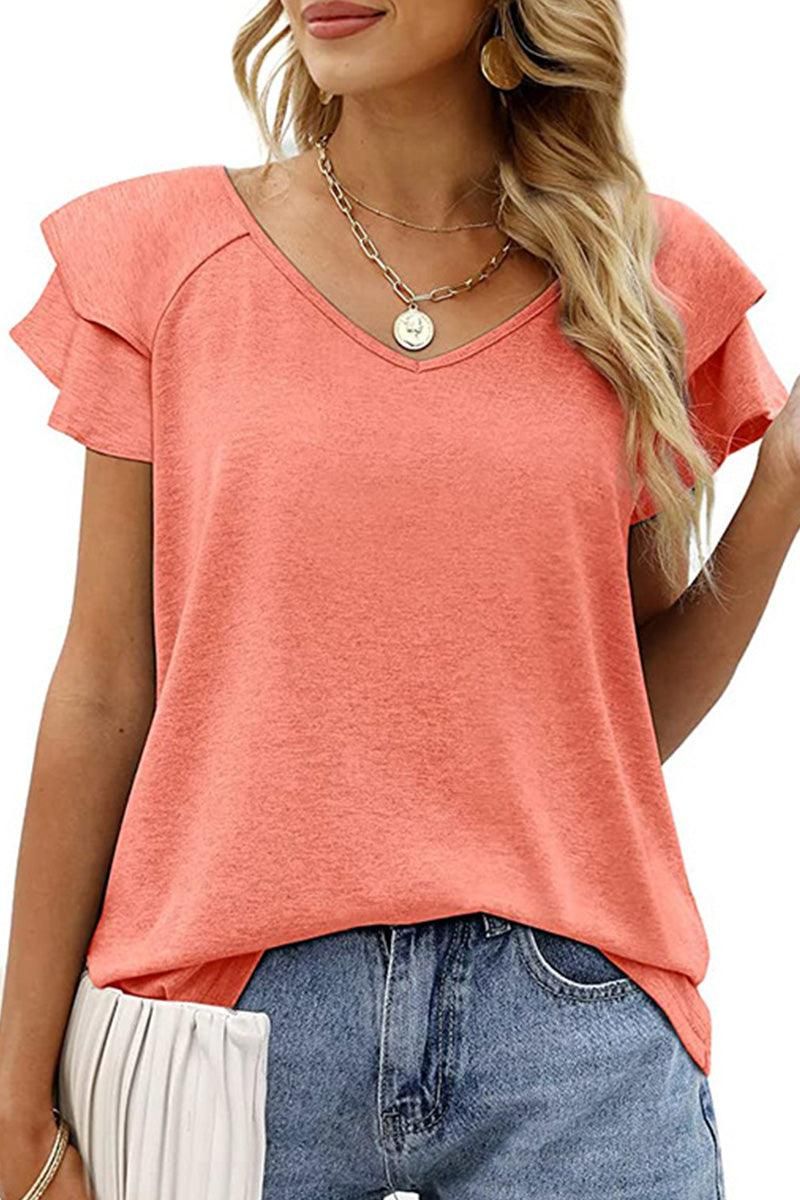 V NECK DOUBLE SLEEVE LOOSE TOP - Doublju