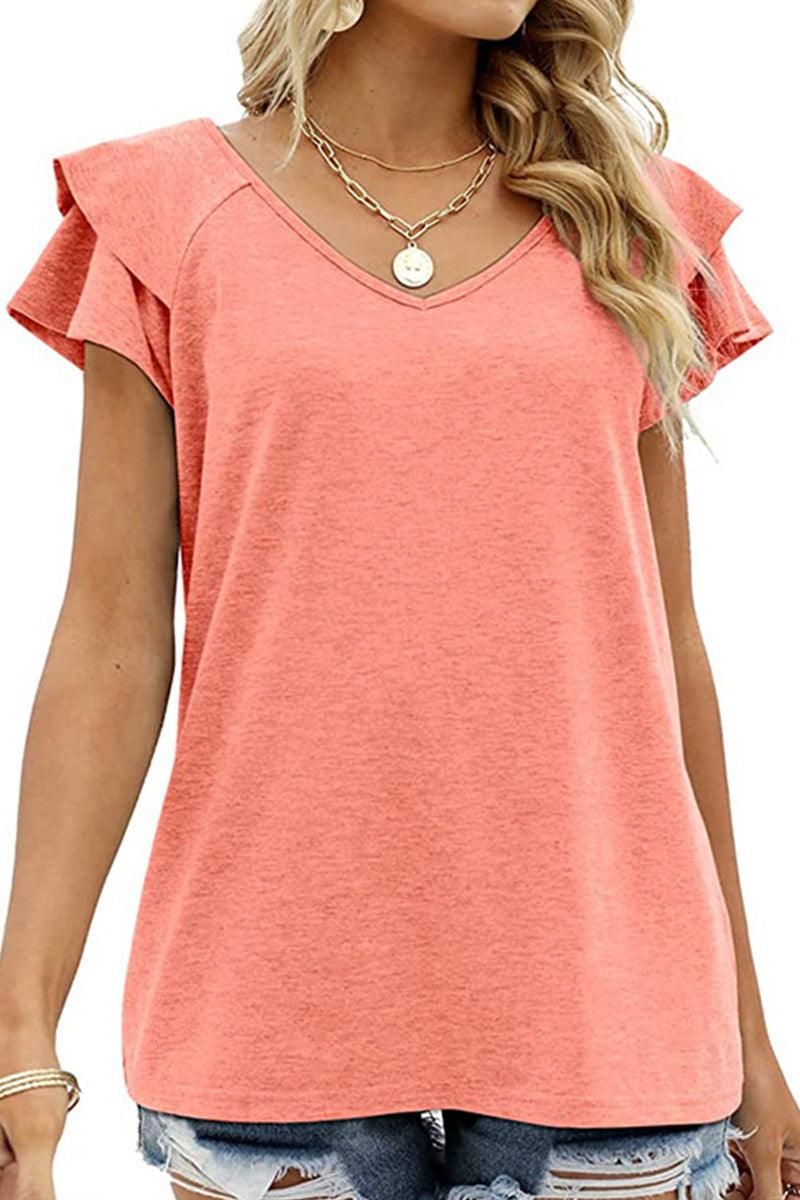 V NECK DOUBLE SLEEVE LOOSE TOP - Doublju