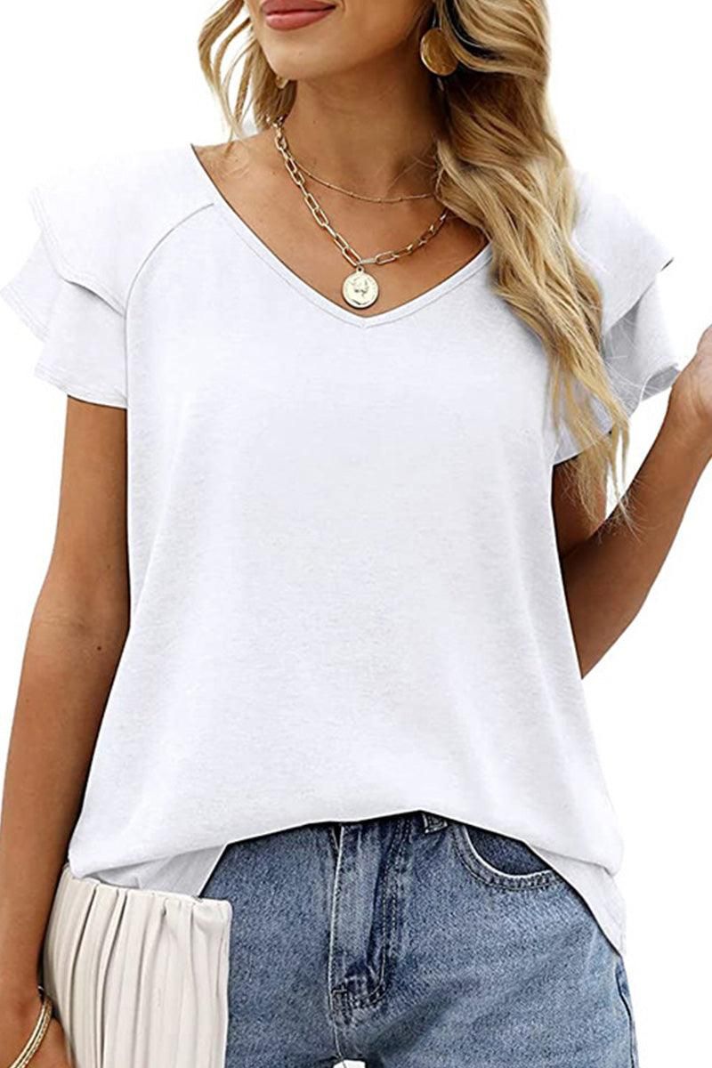 V NECK DOUBLE SLEEVE LOOSE TOP - Doublju