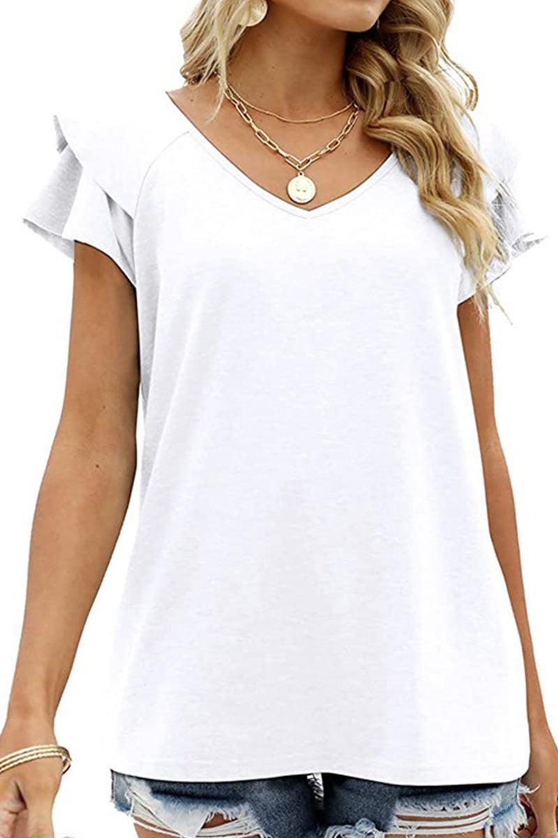 V NECK DOUBLE SLEEVE LOOSE TOP - Doublju